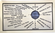Large poster print of the iconic mural at Gardiner's Corner, Nantucket MA. White background, blue compass rose with north pointed to the right and a whale at the center that says Thar Blows. Around the compass rose are the names and distances of various places around the world such as Berlin, Bombay, Bermuda, Tahiti, and Iceland.