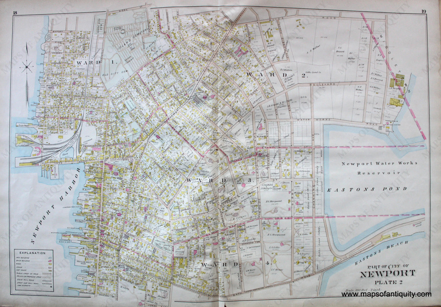 Antique-Hand-Colored-Map-City-of-Newport-Plate-2-United-States-Northeast-1895-Everts-&-Richards-Maps-Of-Antiquity