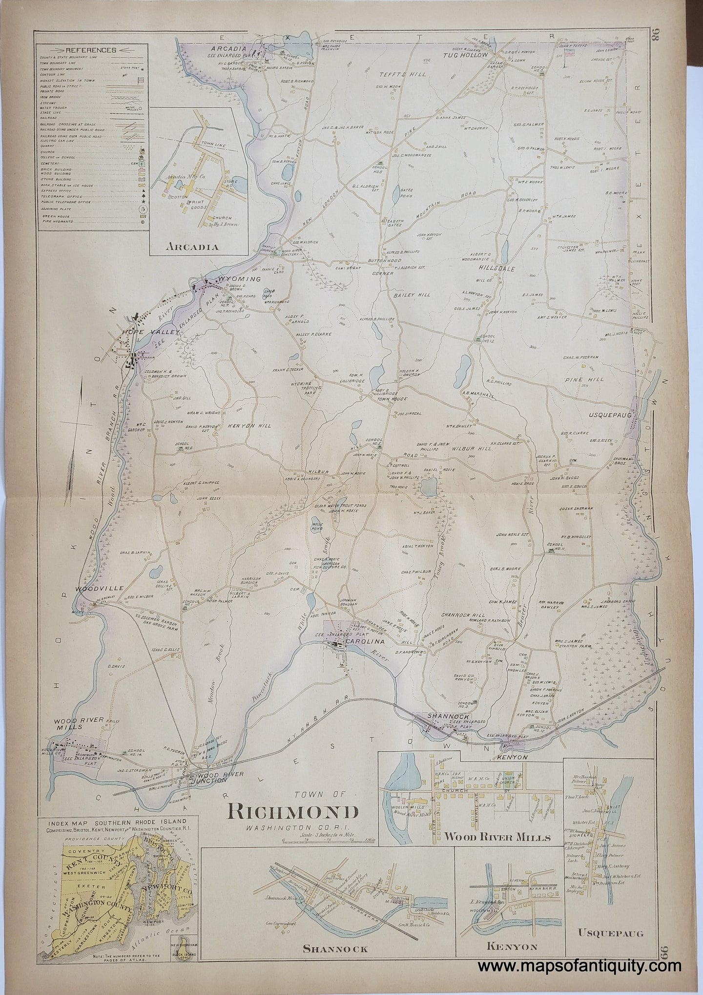 Antique-Hand-Colored-Map-Town-of-Richmond-Arcadia-Wood-River-Mills-Shannock-Kenyon-Usquepaug-United-States-Northeast-1895-Everts-&-Richards-Maps-Of-Antiquity