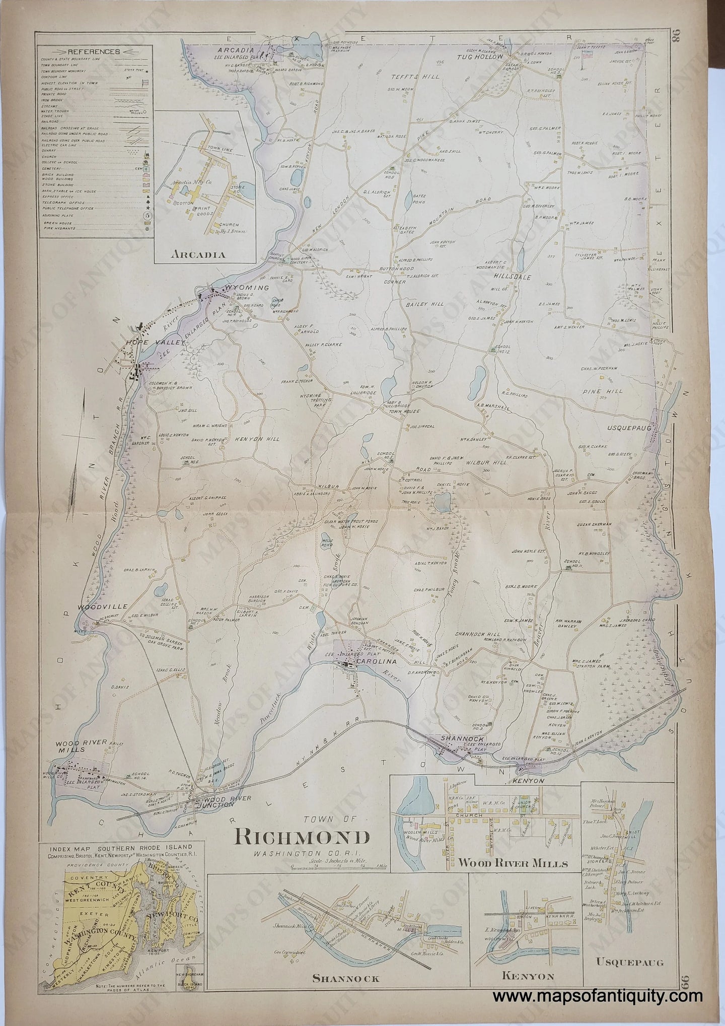 Antique-Hand-Colored-Map-Town-of-Richmond-Arcadia-Wood-River-Mills-Shannock-Kenyon-Usquepaug-United-States-Northeast-1895-Everts-&-Richards-Maps-Of-Antiquity