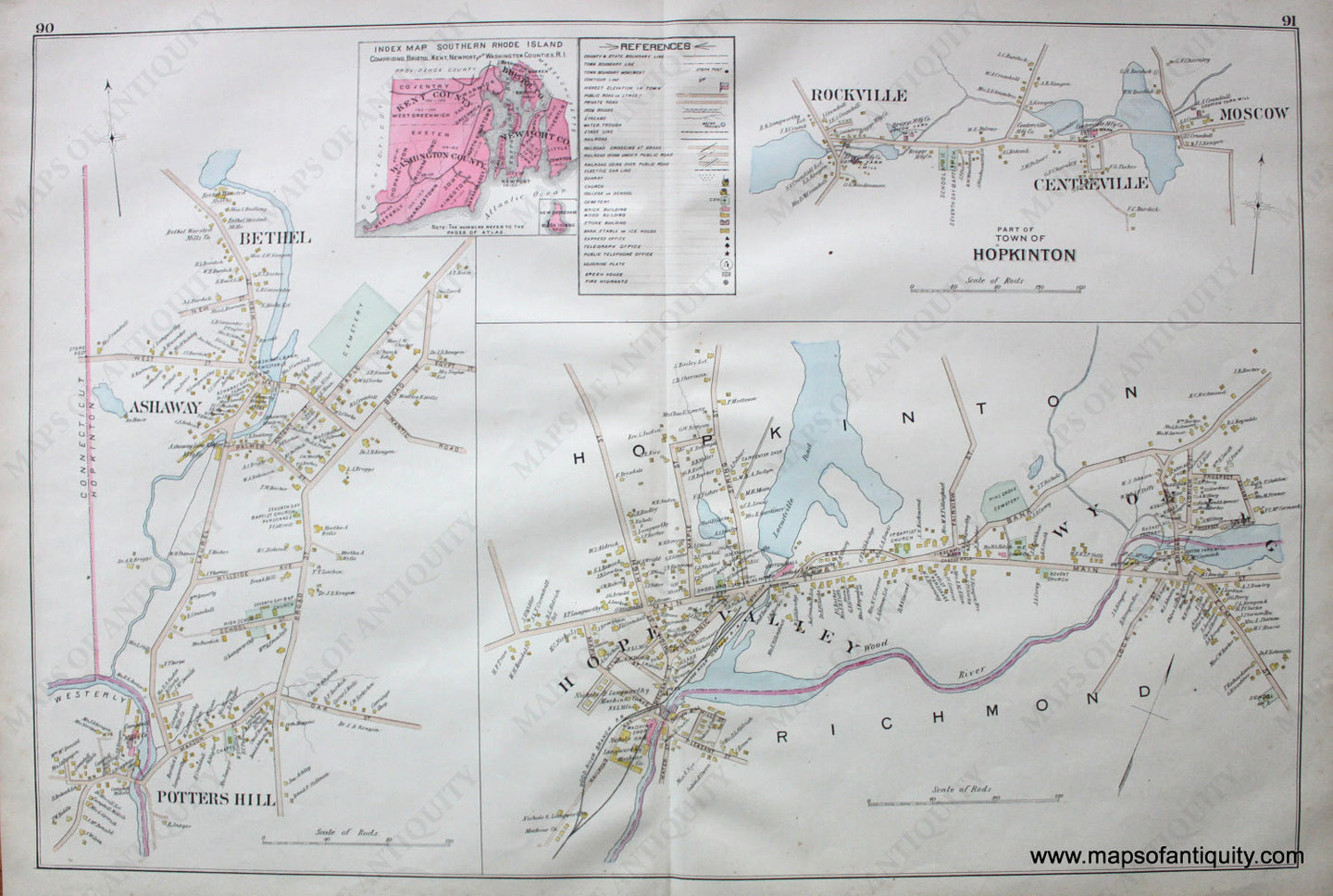 Antique-Hand-Colored-Map-Part-of-Hopkinton-RI-villages-of-Bethel-Ashaway-Potter's-Hill-Hope-Valley-Richmond-Wyoming-United-States-Northeast-1895-Everts-&-Richards-Maps-Of-Antiquity