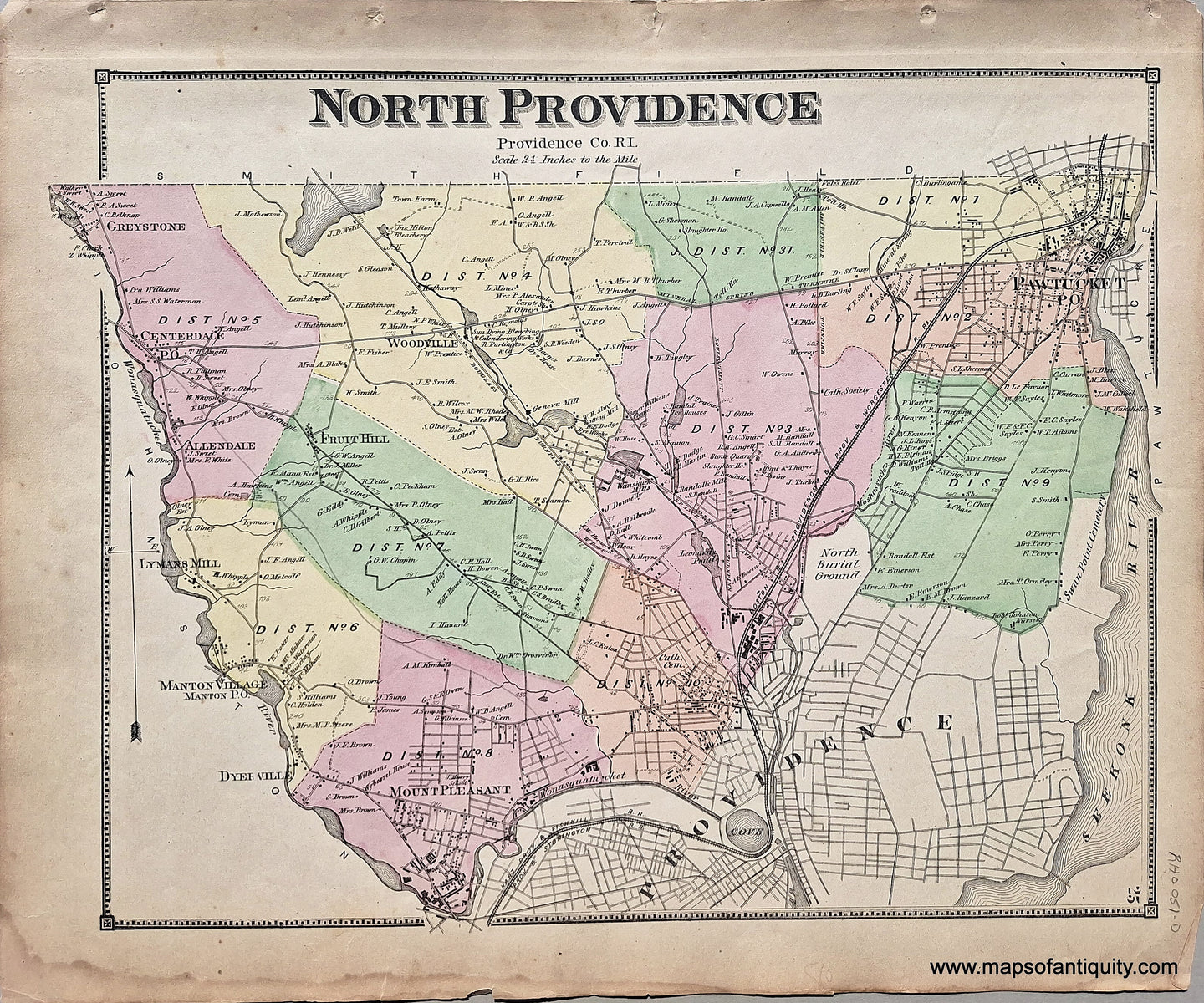 Antique-Hand-Colored-Map-North-Providence-Rhode-Island-RI--1870-Beers-Maps-Of-Antiquity