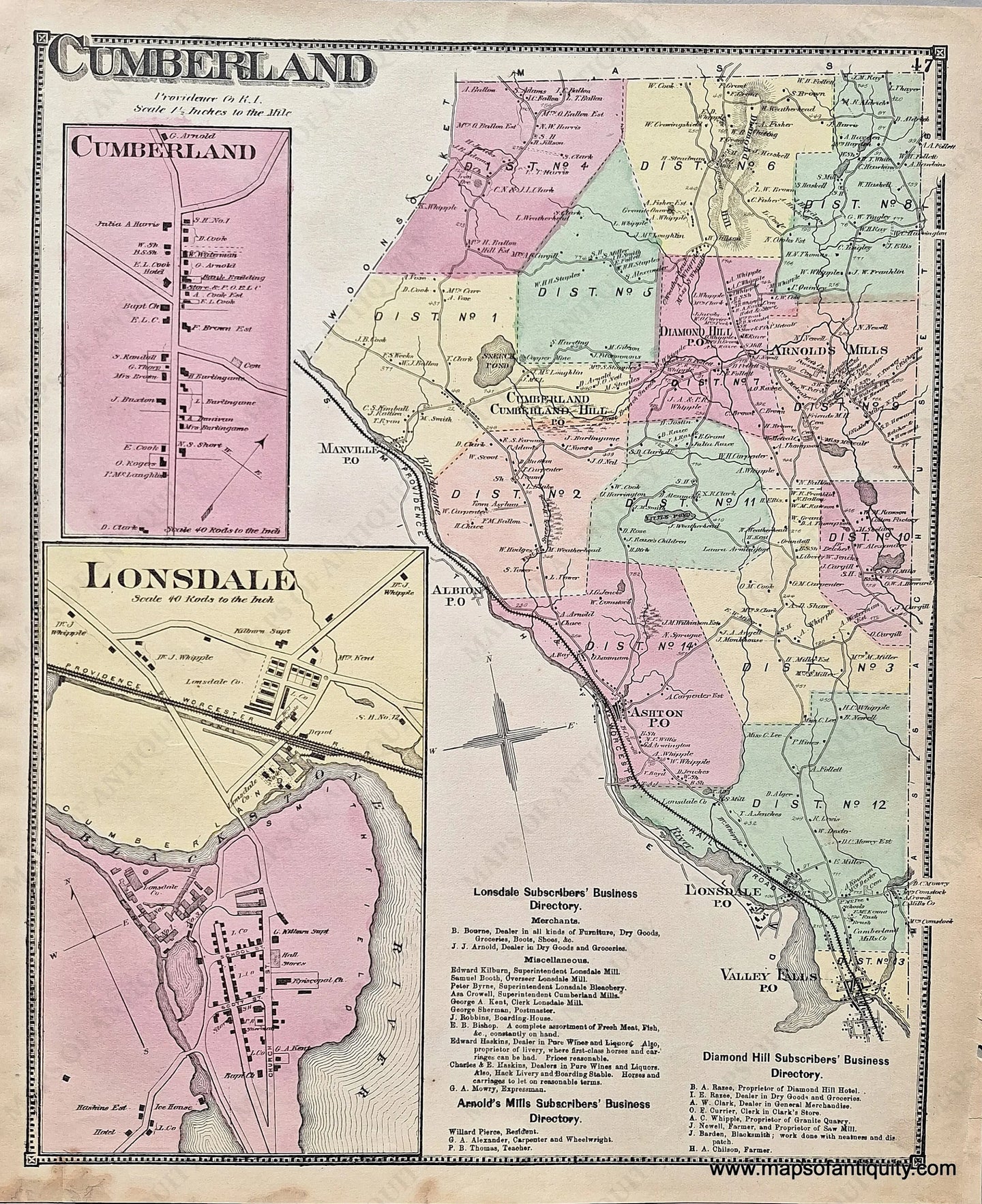 Antique-Hand-Colored-Map-Cumberland-Rhode-Island-Rhode-Island-RI-1870-Beers-Maps-Of-Antiquity