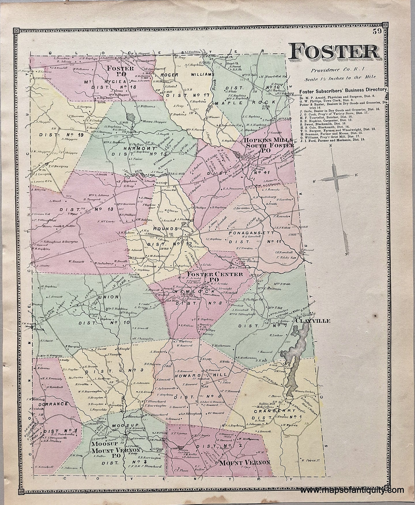 Antique-Hand-Colored-Map-Foster-Rhode-Island-Rhode-Island-RI-1870-Beers-Maps-Of-Antiquity