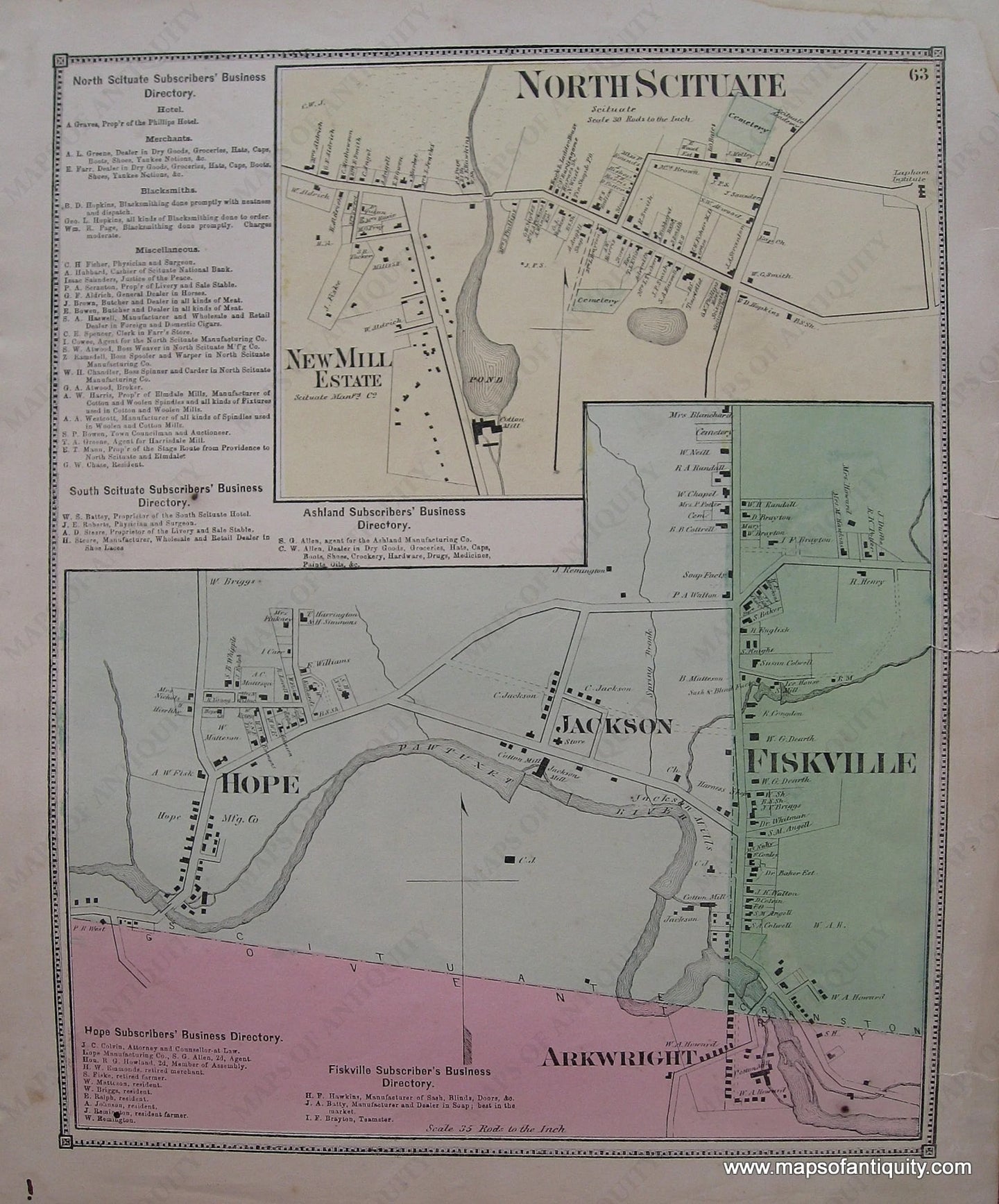 Antique-Hand-Colored-Map-North-Scituate-Fiskville-Hope-Jackson-Arkwright-Rhode-Island-Rhode-Island--1870-Beers-Maps-Of-Antiquity