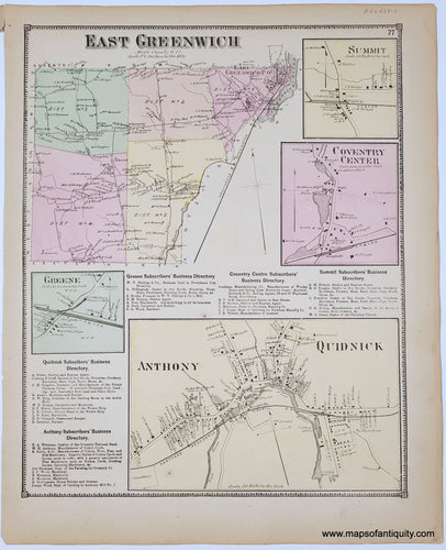 Genuine antique map with original hand-coloring, colored by district in antique tones of pink, green, yellow. The town of East Greenwich RI is in the upper left, the inset maps of villages are arrayed at bottom and right.