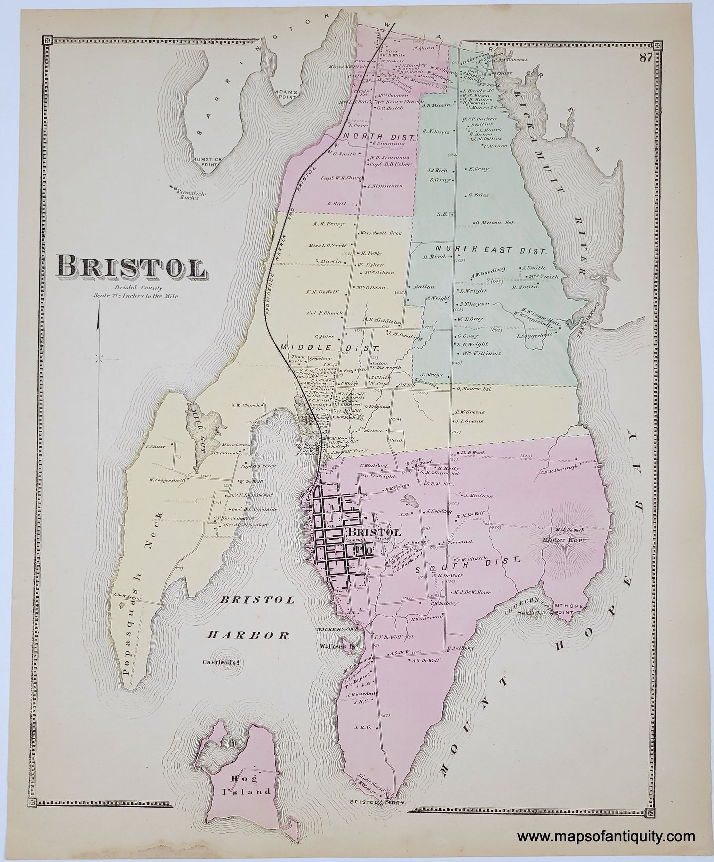 Genuine antique map with original hand-coloring, colored by district in antique tones of pink, green, yellow.