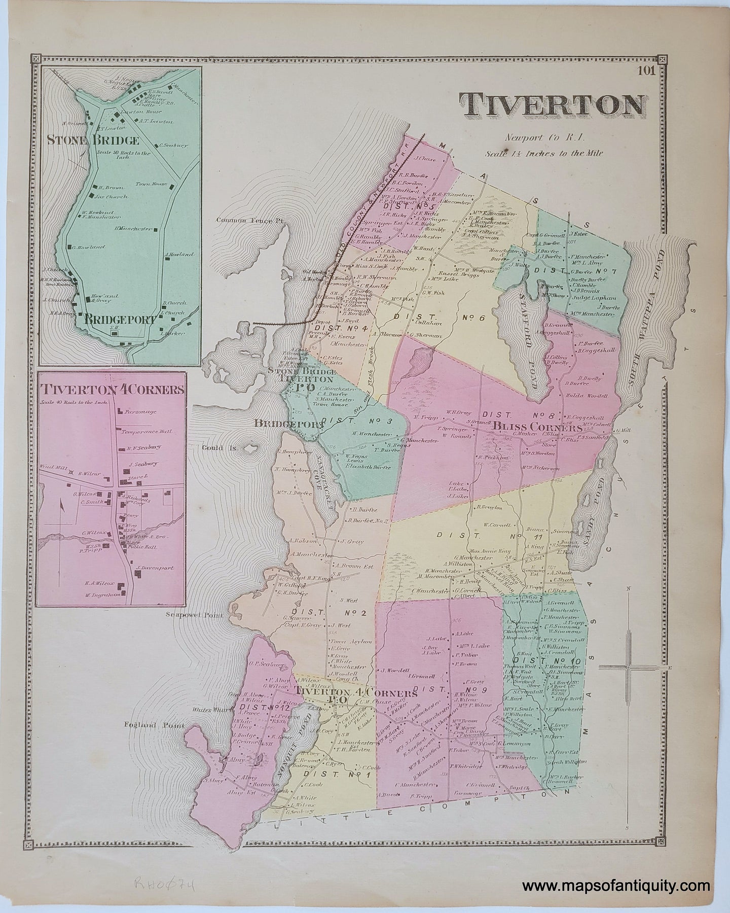 1870 - Tiverton, Rhode Island Map - Antique Map