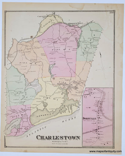 Genuine antique map with original hand-coloring, colored by district in antique tones of pink, green, yellow, and orange.