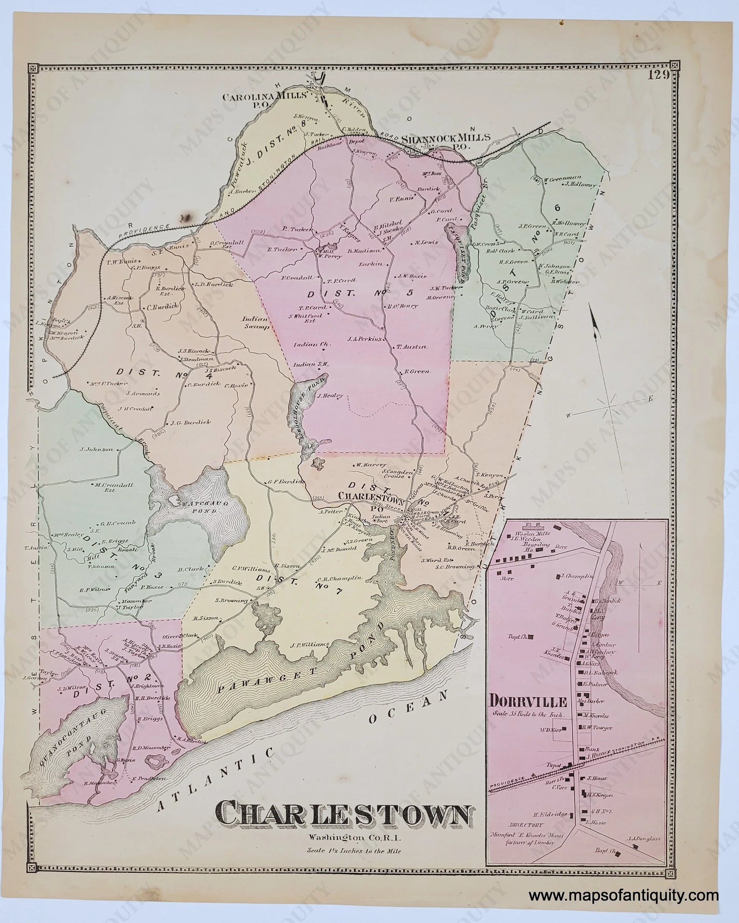 Genuine antique map with original hand-coloring, colored by district in antique tones of pink, green, yellow, and orange.