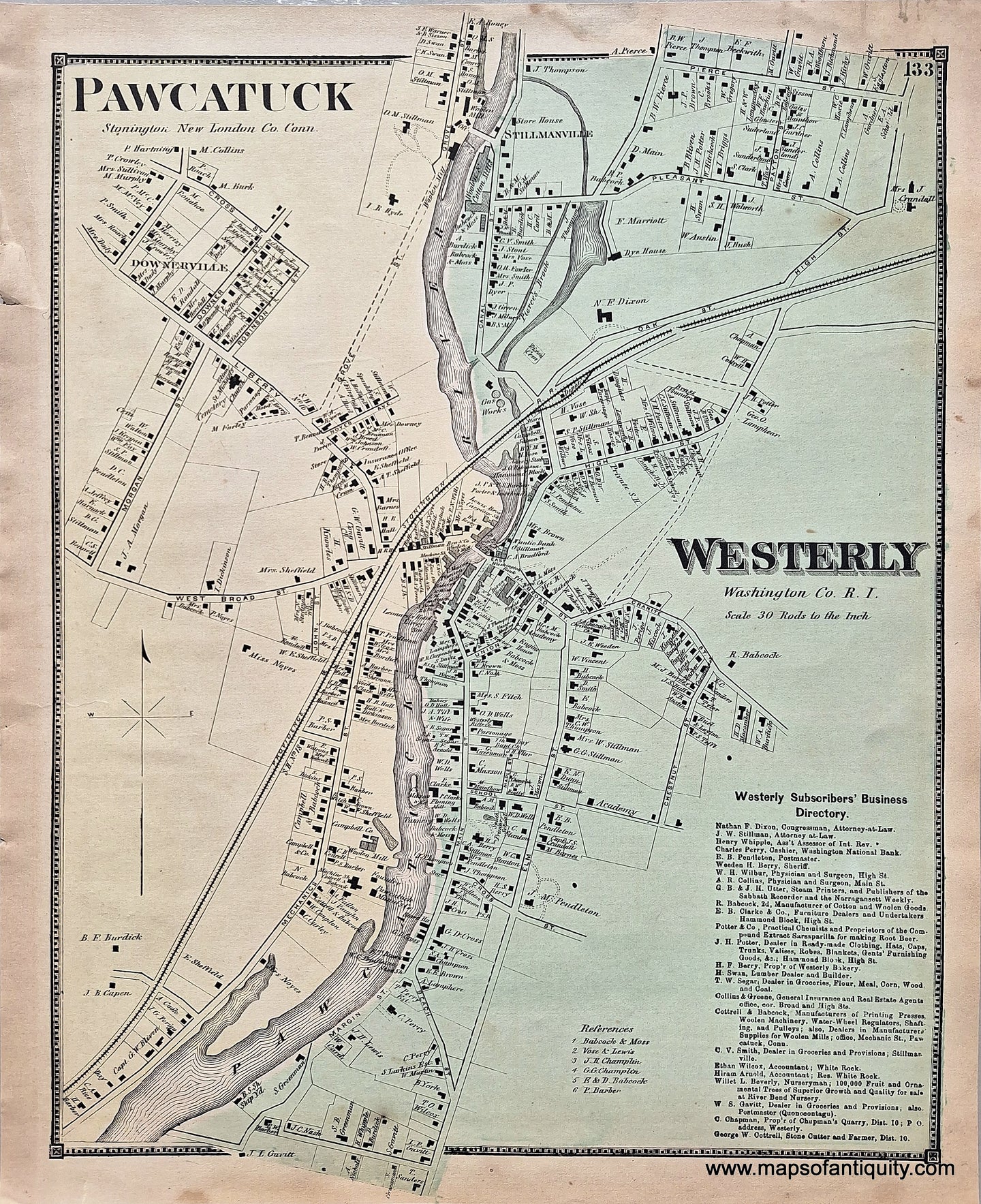RHO085-Antique-Hand-Colored-Map-Pawcatuck-Westerly-Rhode-Island-RI-1870-Beers-Maps-Of-Antiquity