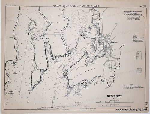 Antique harbor chart of Newport, Rhode Island by Geo. W. Eldridge black and white with tiny red light buoys.