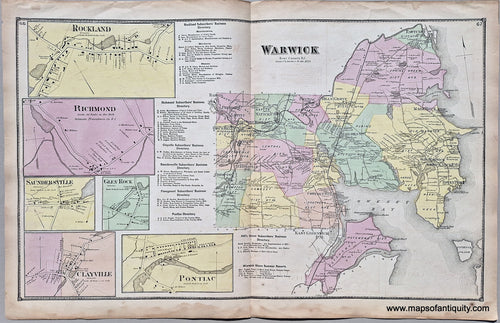 Antique-Hand-Colored-Map-Warwick-Rockland-Richmond-Saundersville-Glen-Rock-Clayville-Pontiac--Rhode-Island--1870-Beers-Maps-Of-Antiquity