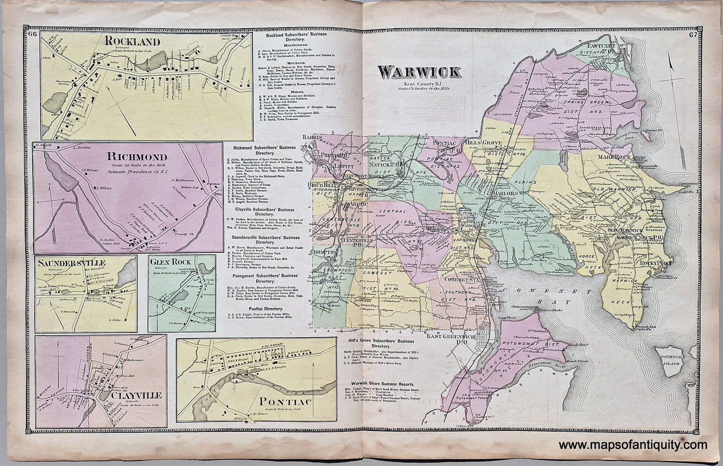 Antique-Hand-Colored-Map-Warwick-Rockland-Richmond-Saundersville-Glen-Rock-Clayville-Pontiac--Rhode-Island--1870-Beers-Maps-Of-Antiquity