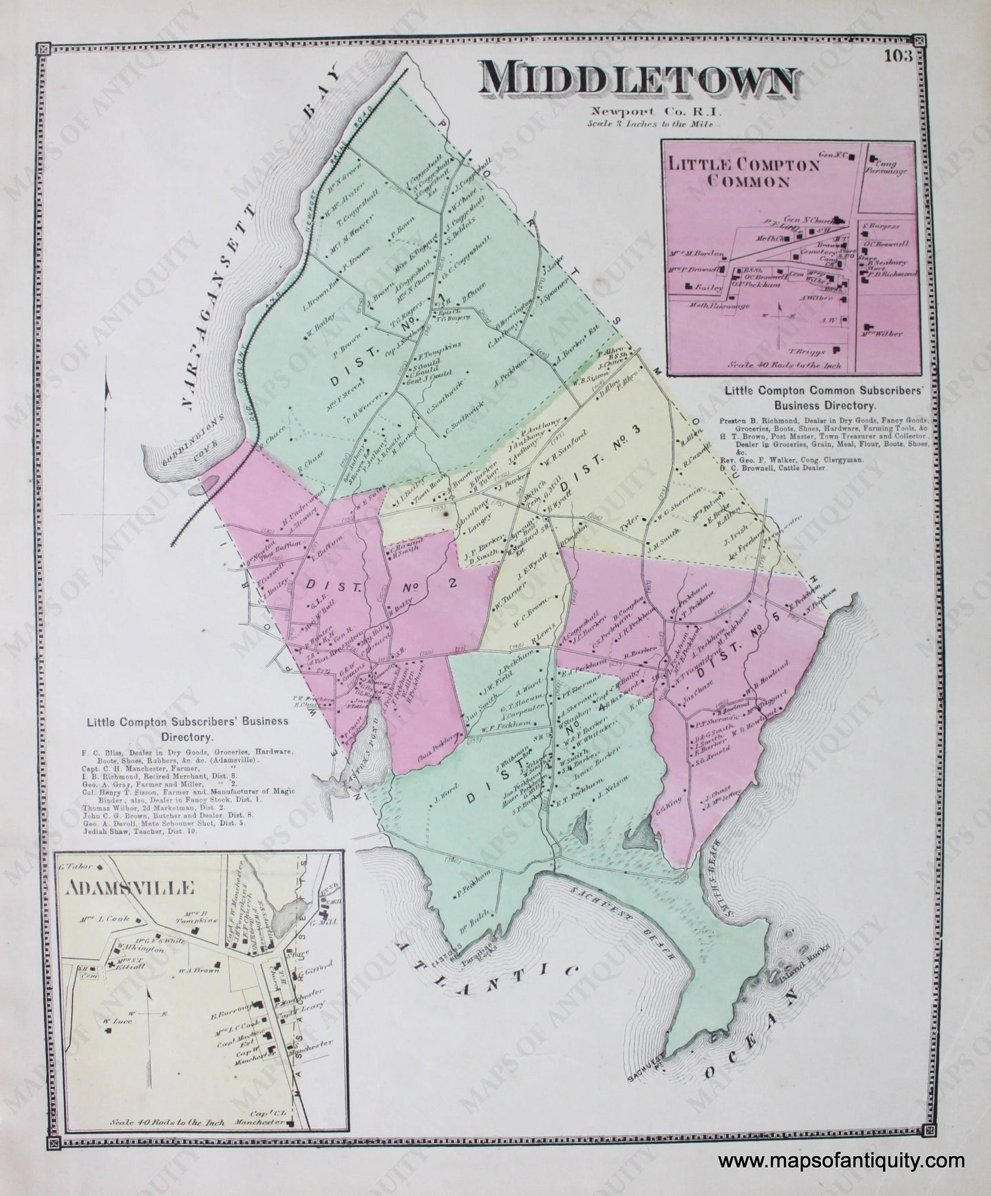 Antique-Hand-Colored-Map-Middletown--Rhode-Island--1870-Beers-Maps-Of-Antiquity