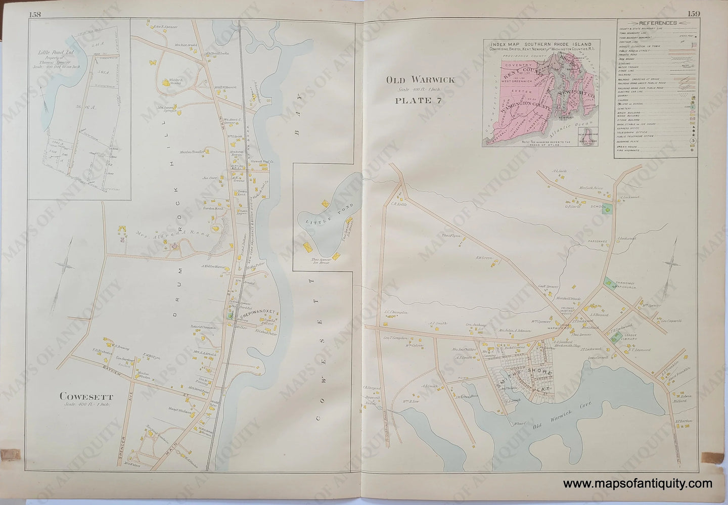 Antique-Hand-Colored-Map-Town-of-Warwick-Villages-of-Old-Warwick-and-Cowesett-Rhode-Island-United-States-Northeast-1895-Everts-&-Richards-Maps-Of-Antiquity