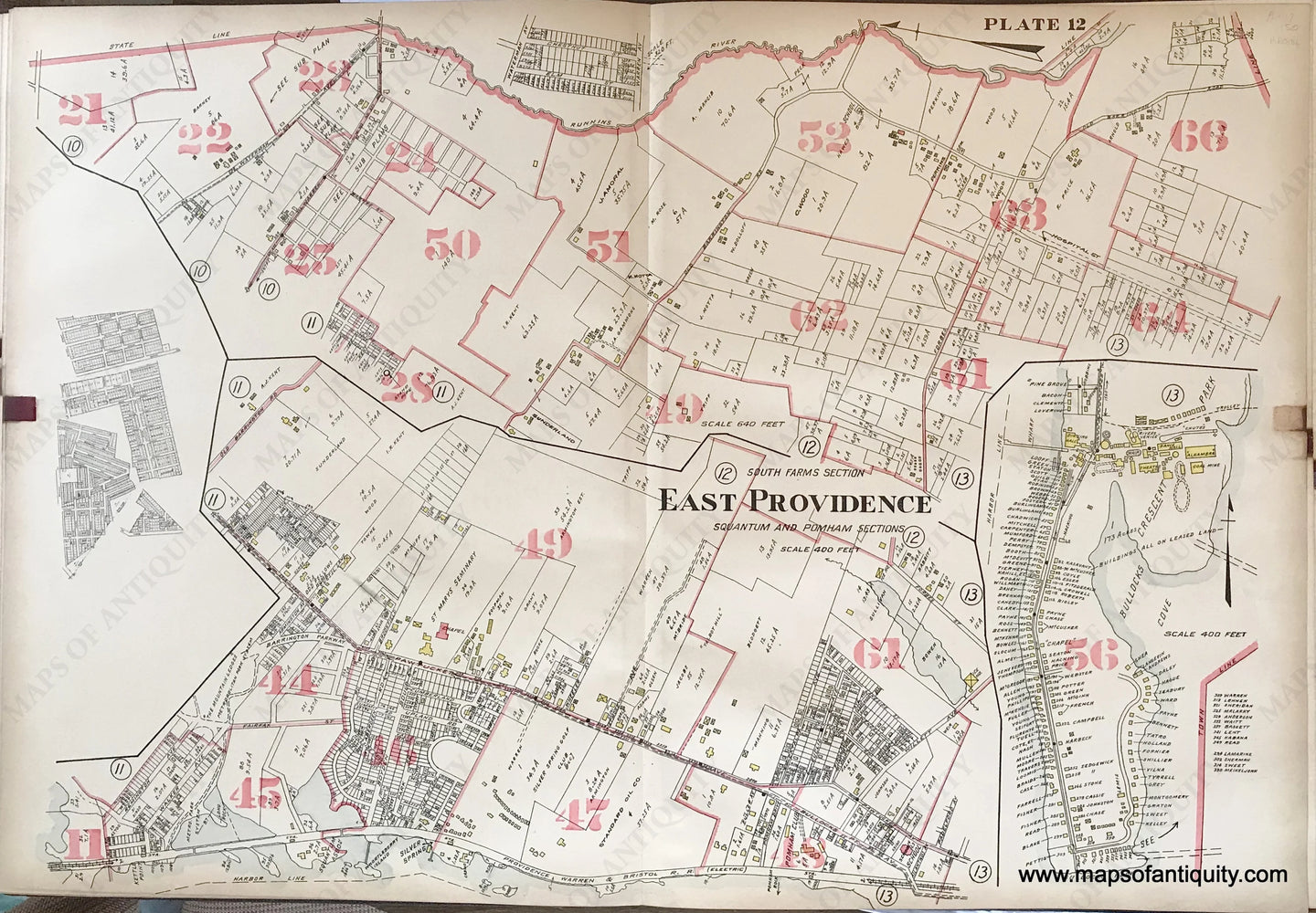 Antique-Hand-Colored-Map-East-Providence-Squantum-and-Pomham-Sections-South-Farms-Sections-plate-12-1917-Richards-Rhode-Island-1900s-20th-century-Maps-of-Antiquity