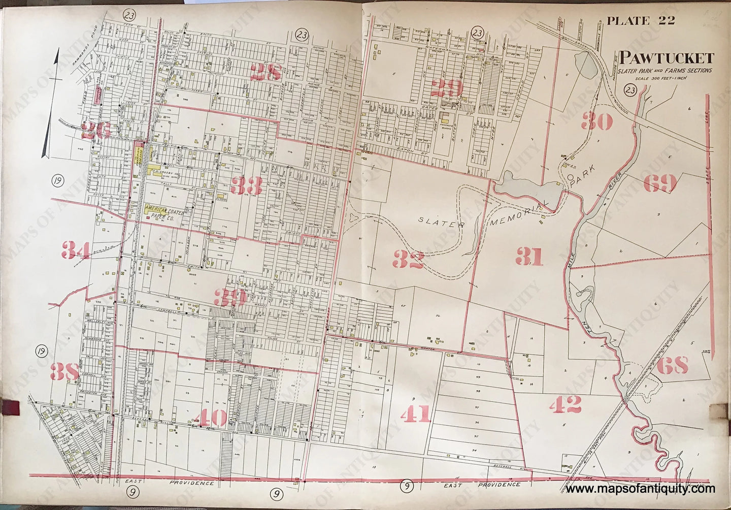 Antique-Hand-Colored-Map-Pawtucket-Slater-Park-and-Farms-Sections-plate-22-1917-Richards-Rhode-Island-1900s-20th-century-Maps-of-Antiquity