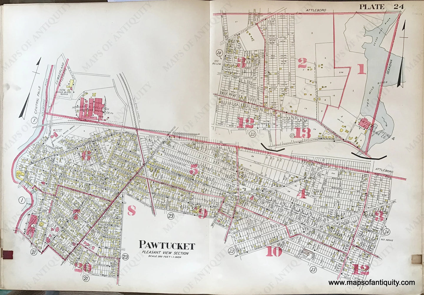 Antique-Hand-Colored-Map-Pawtucket-Pleasant-View-Section-plate-24-1917-Richards-Rhode-Island-1900s-20th-century-Maps-of-Antiquity