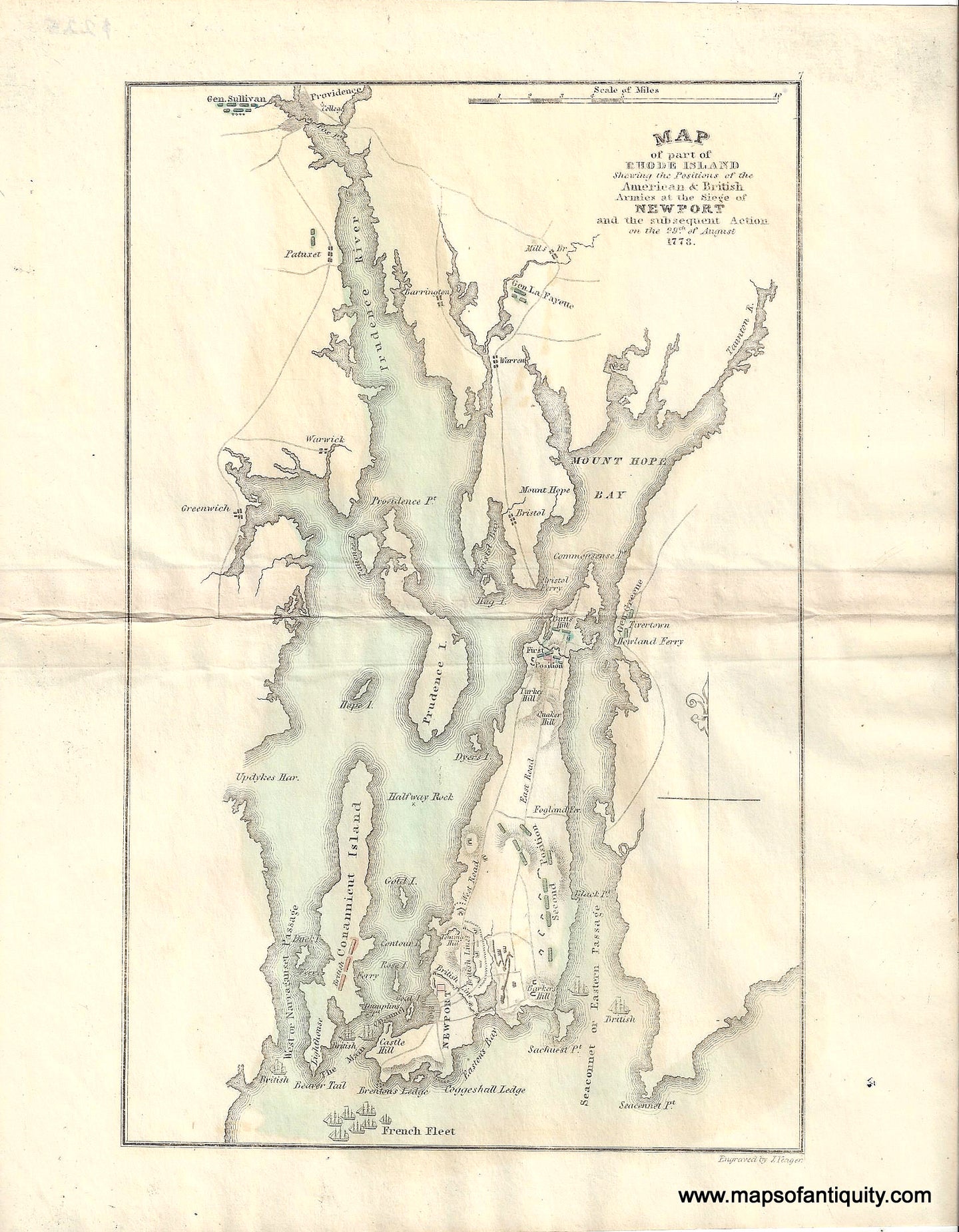 Antique-Hand-Colored-Map-A-Map-of-Part-of-Rhode-Island-Shewing-the-Positions-of-the-American-and-British-Armies-at-the-Siege-of-Newport-and-the-subsequent-Action-on-the-29th-of-August-1778.--United-States-Rhode-Island-1827-Marshall-Maps-Of-Antiquity-1800s-19th-century