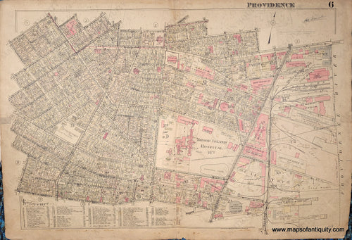 Antique plat map of part of the city of Providence. Light tan background with darker edges of the paper. Some of the buildings are pink, which means they are made of brick.