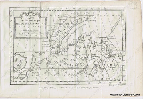 Antique-Map-Carte-des-pais-Habites-par-les-samojedes-et-Ostiacs-Russia-Arctic-Novaya-Zemlya-Siberia-French-Bellin-1760-1760s-1700s-Mid-18th-Century-Maps-of-Antiquity