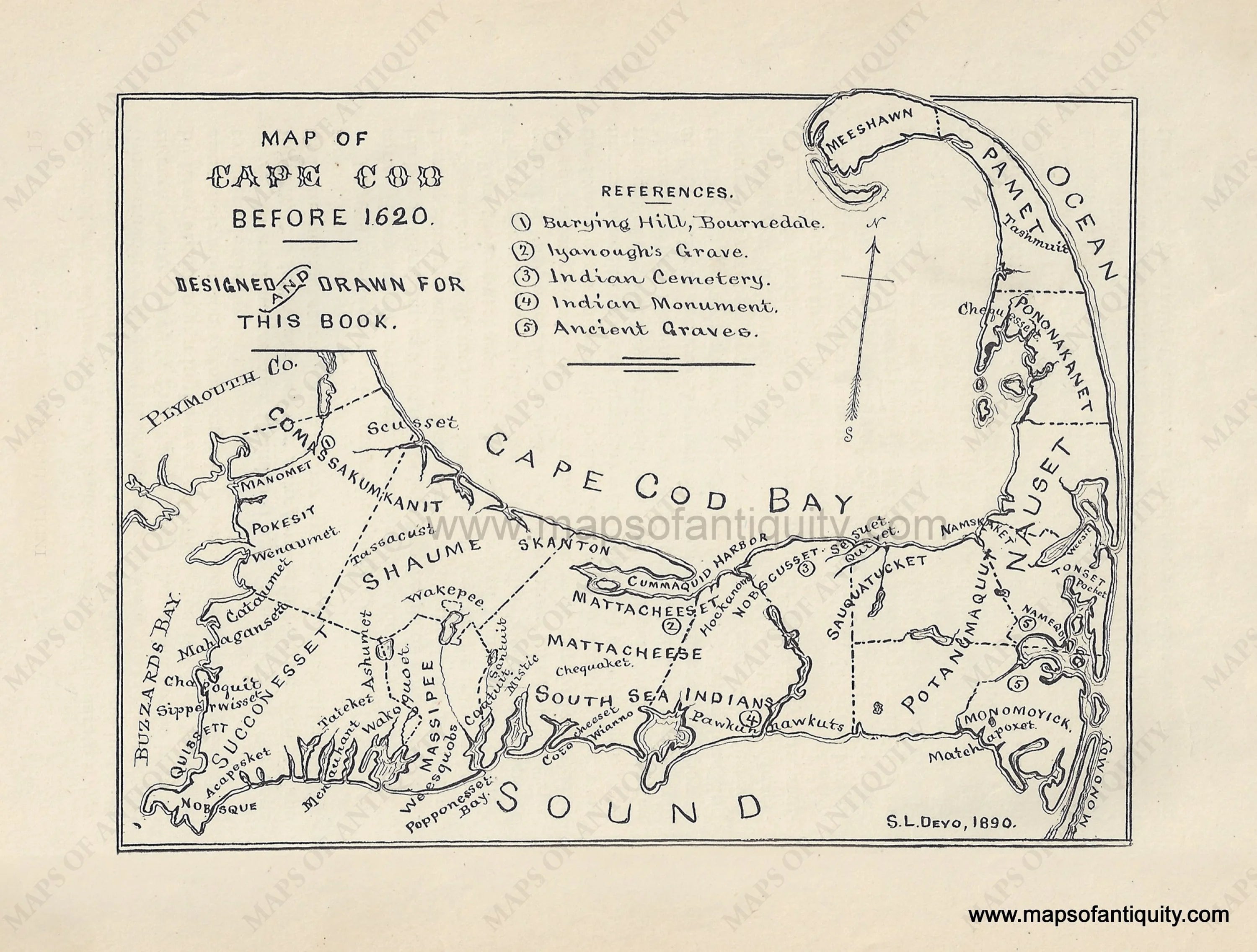 Cape Cod Section Map Map of Cape Cod before 1620 by S.L. Deyo- Reproduction – Maps of Antiquity