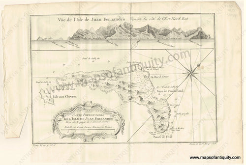 Antique-Map-Carte-Particuliere-de-L'Isle-de-Juan-Fernandez-Map-and-View-of-the-Juan-Fernandez-Islands.-Pour-servir-a-l'Histoire-Generale-des-Voyages.-Bellin-1755-1700s