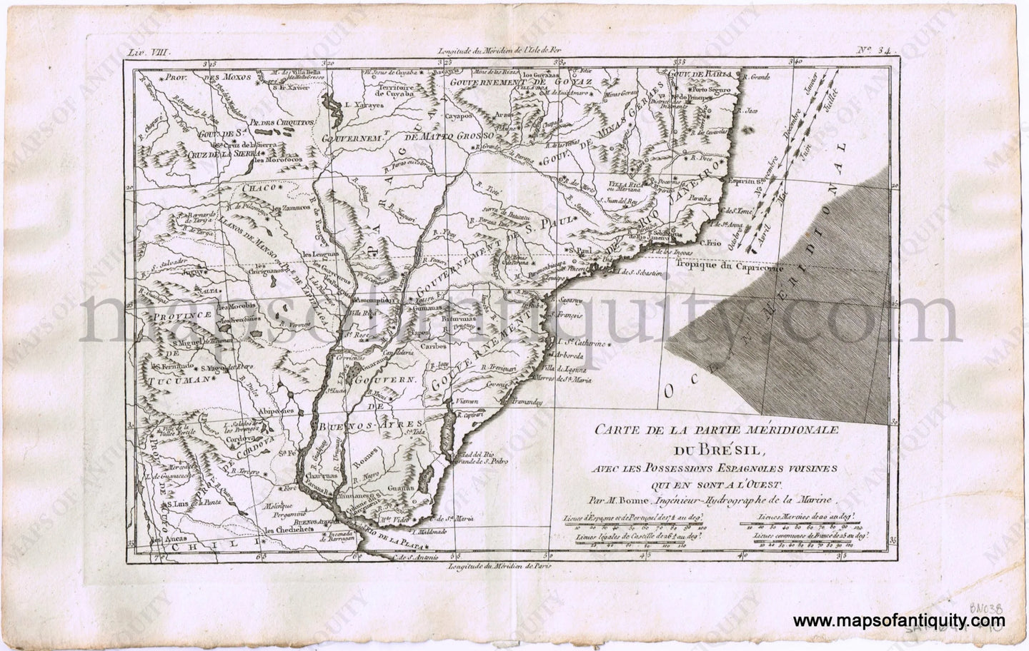 Antique-Hand-Colored-Map-Partie-meridionale-du-Bresil.-South-America--1780-Raynal-and-Bonne-Maps-Of-Antiquity