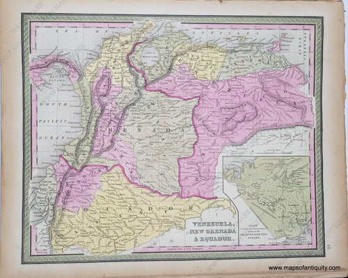 Antique Map with original hand-coloring in tones of green, yellow, peach, and pink. 
Antique-Hand-Colored-Map-Venezuela-New-Grenada-&-Ecuador.-South-America--1849-Mitchell-Maps-Of-Antiquity