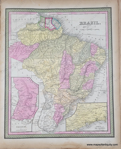 Antique Map with original hand-coloring in tones of green, yellow, peach, and pink. 
Antique-Hand-Colored-Map-Brazil.-South-America--1849-Mitchell-Maps-Of-Antiquity