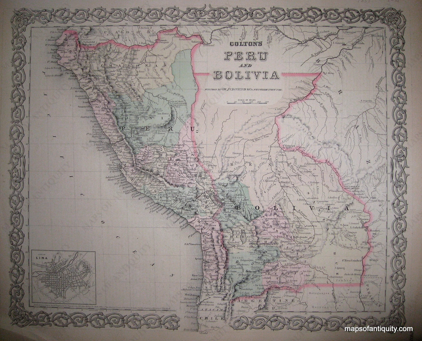 Antique-Hand-Colored-Map-Colton's-Peru-and-Bolivia-South-America--c.-1860-Colton-Maps-Of-Antiquity