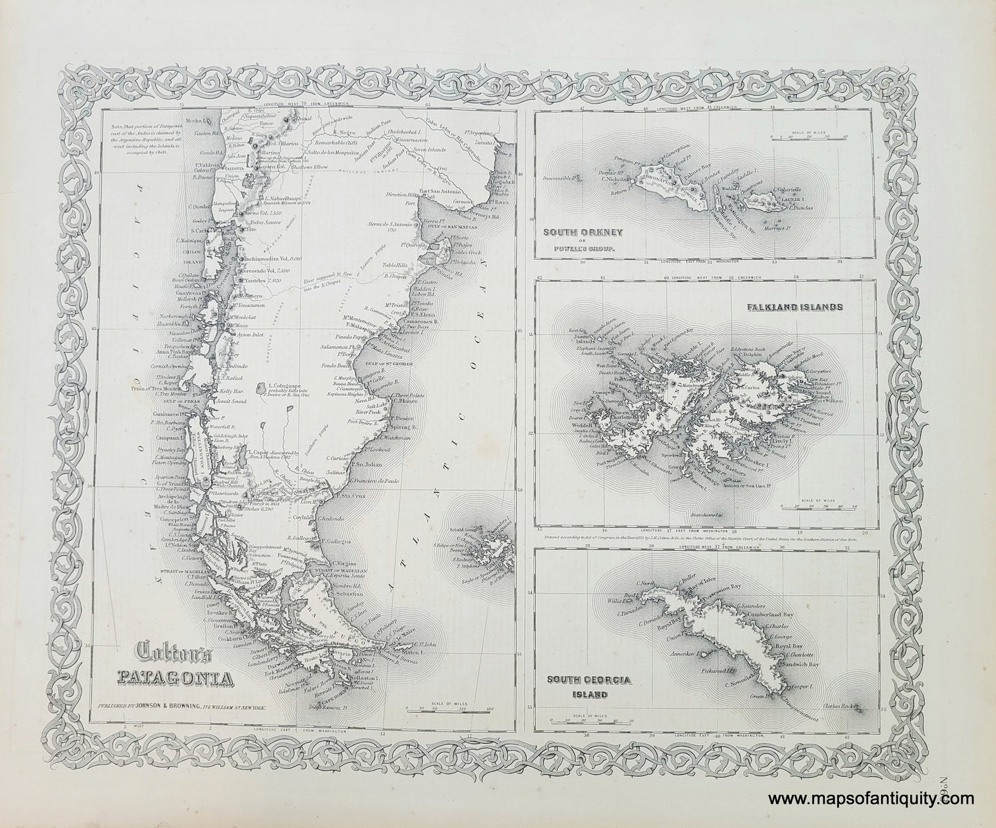Antique-Map-black and white Colton's-Patagonia-South-Orkney-or-Powell's-Group-Falkland-Islands-and-South-Georgia-Island