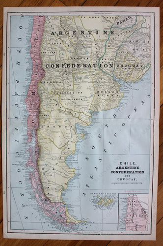 Antique-Printed-Color-Map-Chile-Argentine-Confederation-and-Uruguay-verso:-Islands-in-The-Pacific-Ocean-and-Roman-Empire-South-America--1894-Cram-Maps-Of-Antiquity