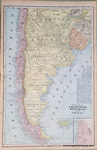 Antique-Printed-Color-Map-Chile-Argentine-Republic-and-Uruguay-verso:-Peru-and-Islands-in-The-Pacific-Ocean-**********-Caribbean-&-Latin-America-South-America-1900-Cram-Maps-Of-Antiquity