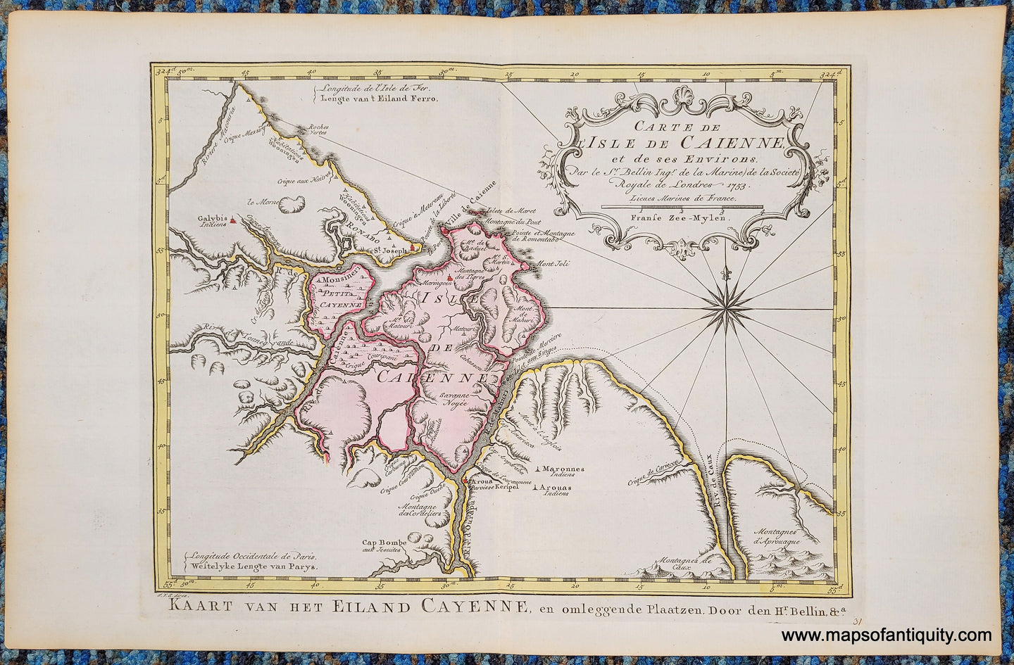 Antique map with original coloring in tones of pink on the island of Cayenne, red for towns, and yellow for the coast line and border. Antique-Uncolored-Map-Carte-de-l'Isle-de-Caienne-et-de-ses-Environs-(Cayenne-French-Guiana)-**********-South-America--1753-Bellin-Maps-Of-Antiquity