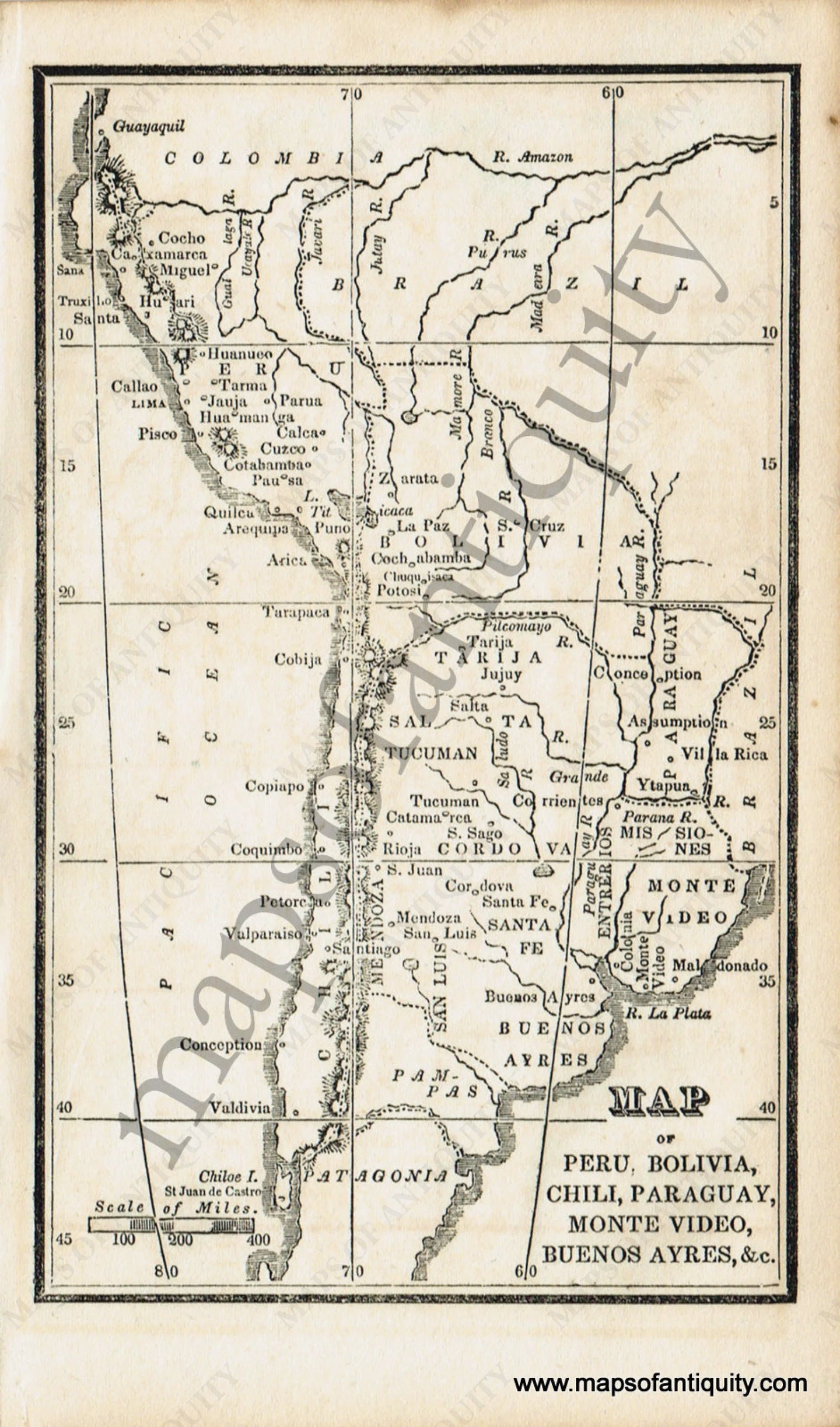 Antique-Black-and-White-Map-Map-of-Peru-Bolivia-Chili-Paraguay-Monte-Video-Buenos-Ayres-&c.--Caribbean-&-Latin-America-South-America-1830-Boston-School-Geography-Maps-Of-Antiquity