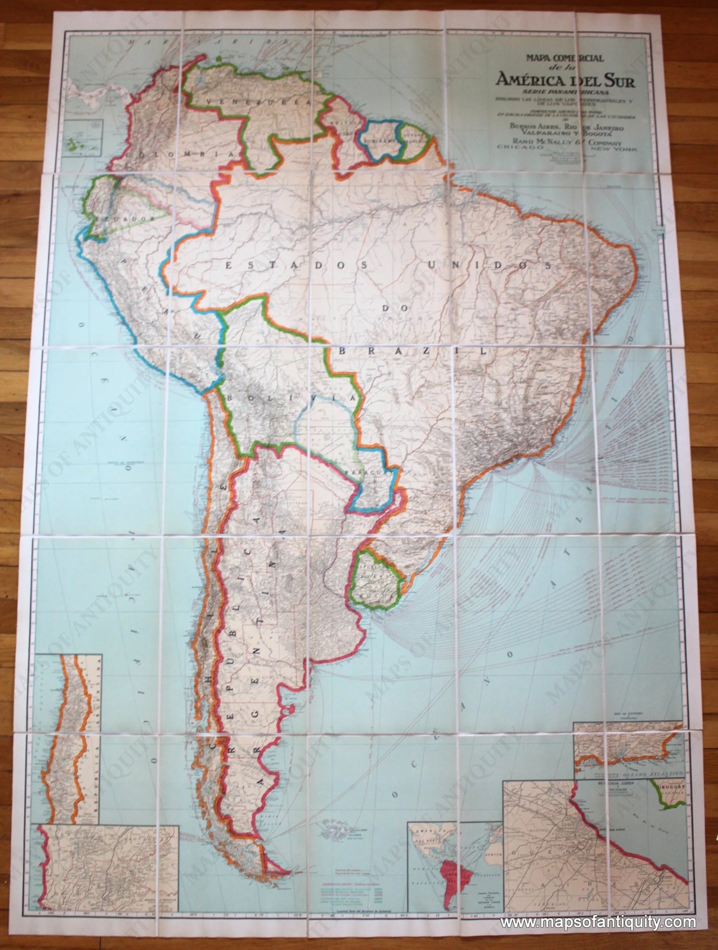 Antique-Printed-Color-Folding-Map-Mapa-Comercial-de-la-America-del-Sud-South-America--1916-Rand-McNally-Maps-Of-Antiquity