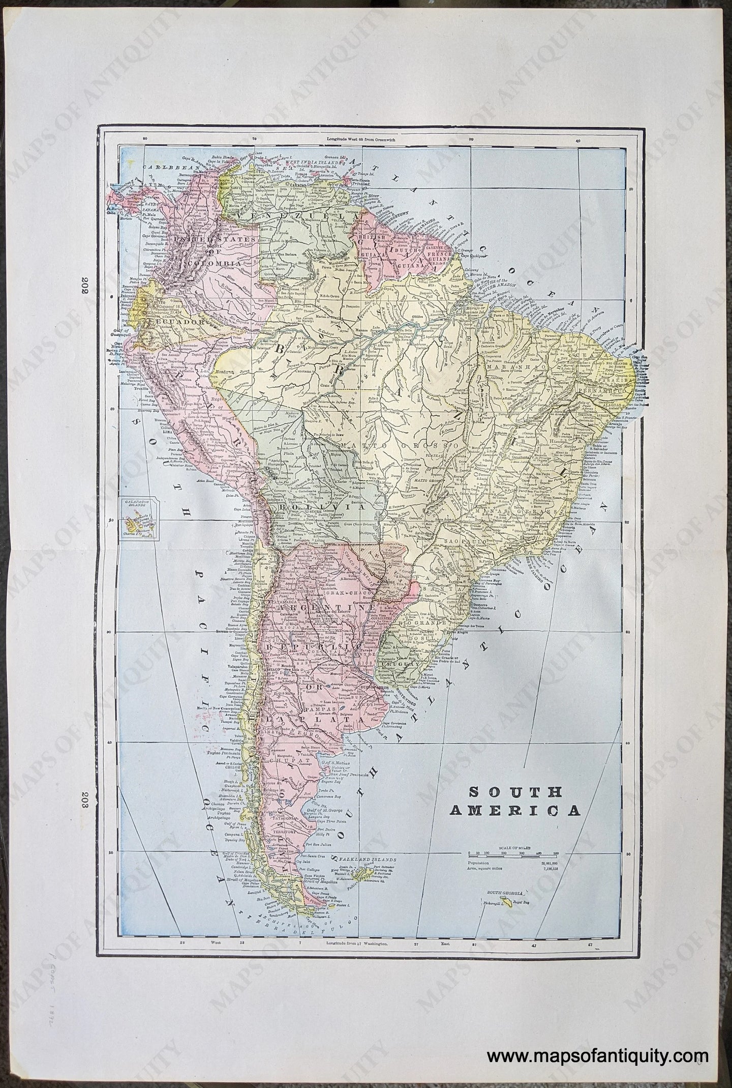 Genuine-Antique-Printed-Color-Comparative-Chart-South-America;-versos:-Islands-in-the-Atlantic-Ocean-Islands-in-the-Pacific-Ocean-South-America--1892-Home-Library-&-Supply-Association-Maps-Of-Antiquity-1800s-19th-century