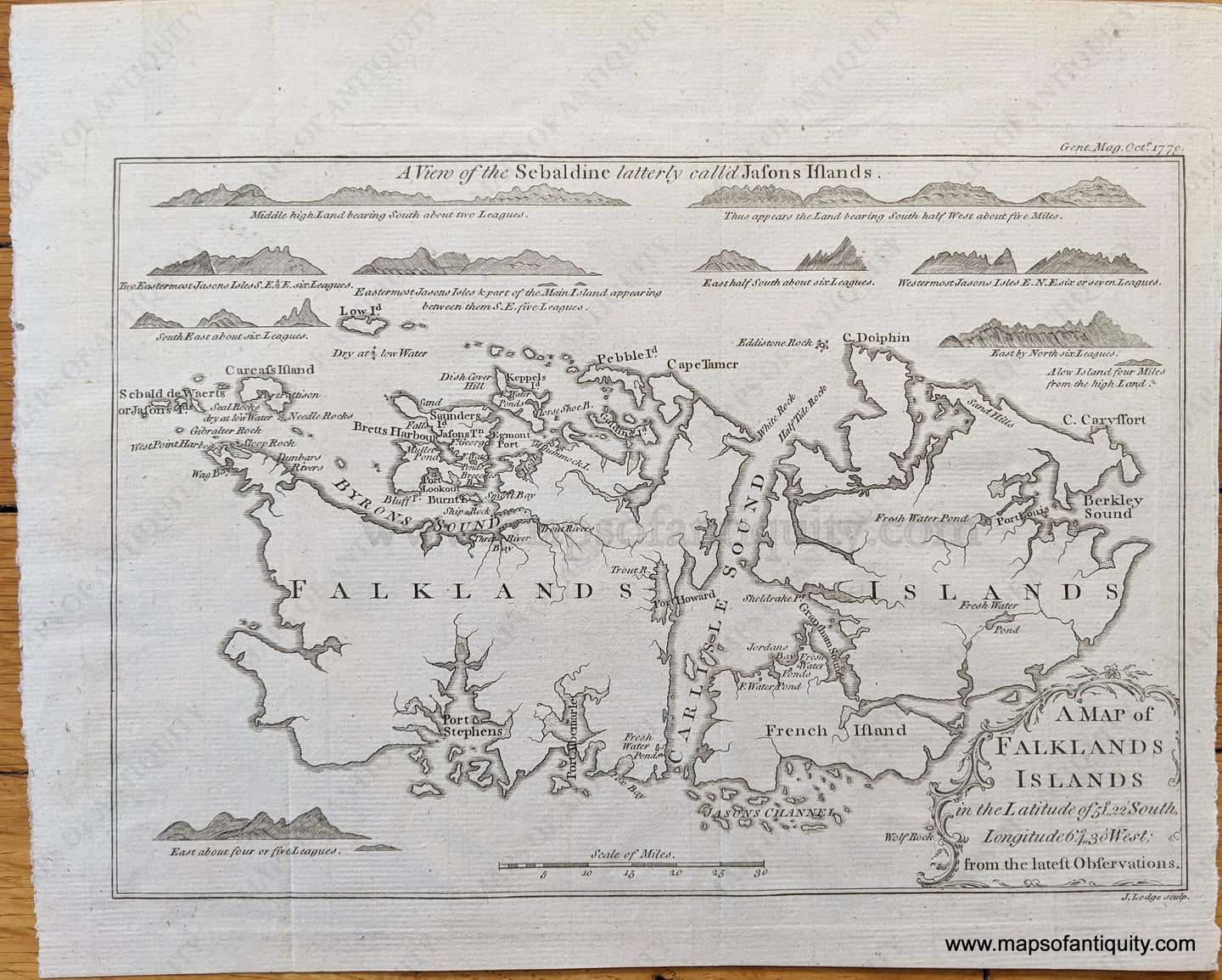 Genuine-Antique-Map-A-Map-of-Falklands-Islands-in-the-Latitude-of-51Ã‚Â°,,22'-South-Longitude-64Ã‚Â°,,30'-West;-from-the-latest-Observations.-South-America--1770-Gentleman's-Magazine-Maps-Of-Antiquity-1800s-19th-century