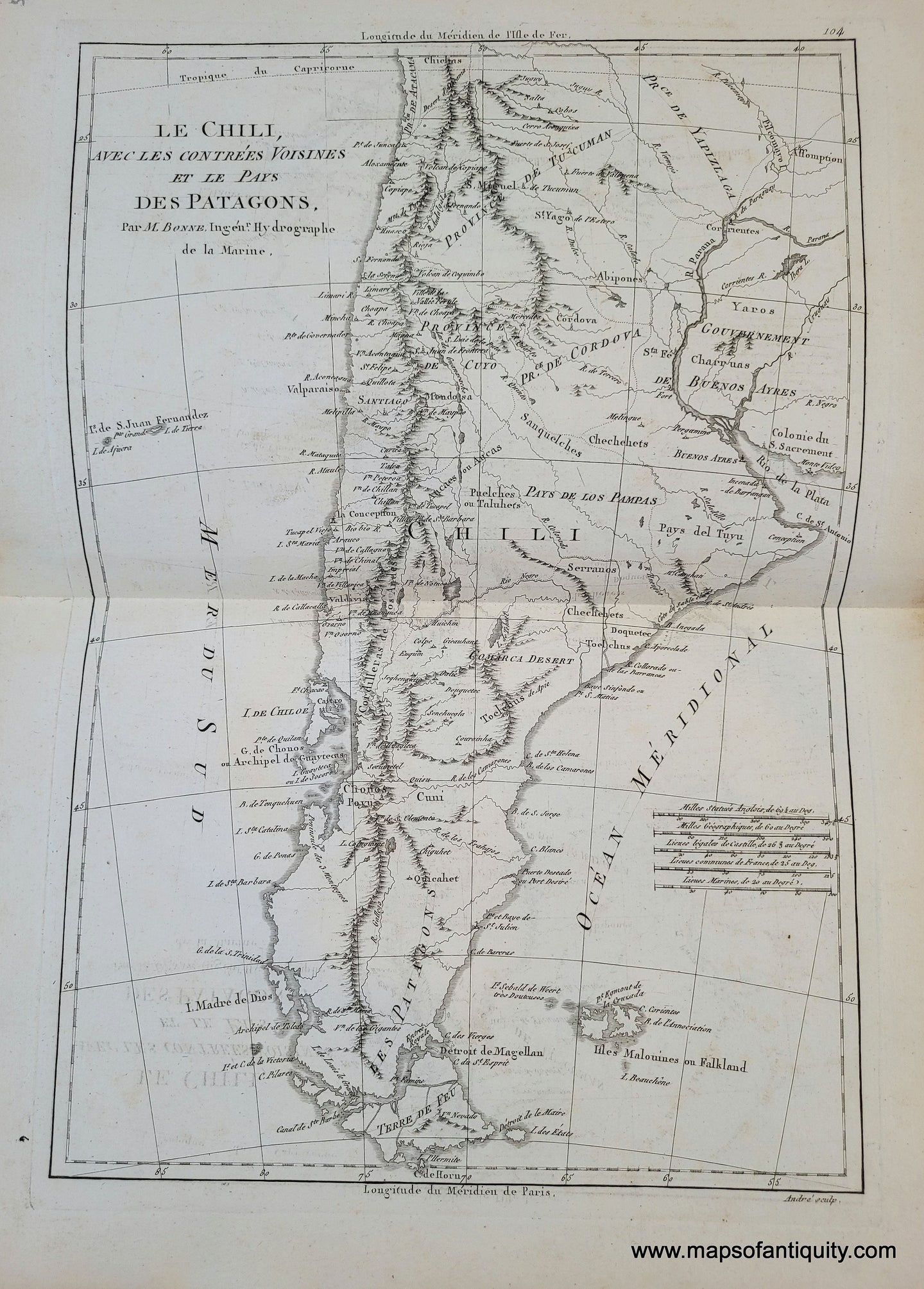 Genuine-Antique-Map-South-America---Le-Chili-avec-les-contrees-Voisines-et-le-Pays-des-Patagons-1788-Bonne-Desmarest-Maps-Of-Antiquity