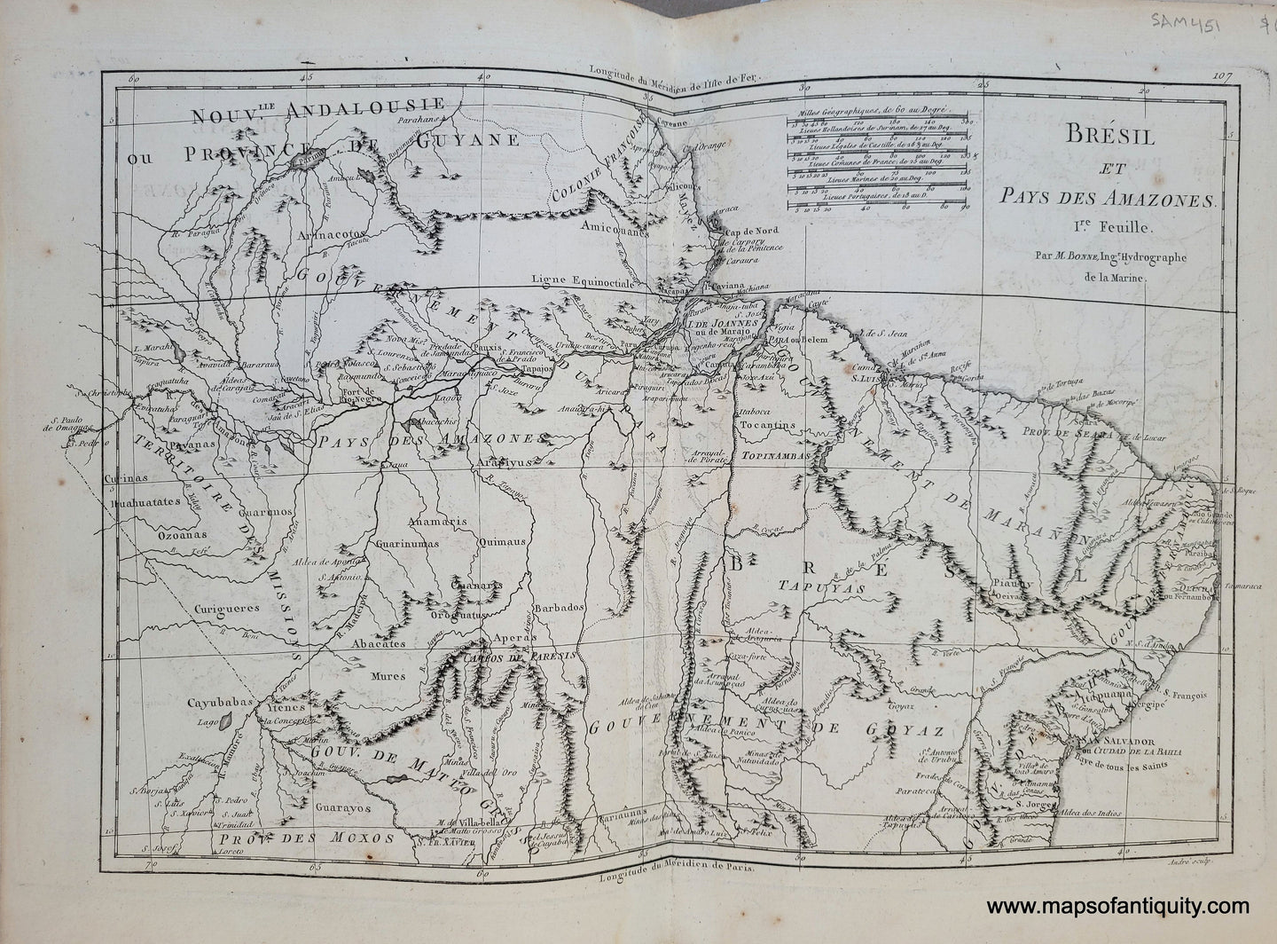 Genuine-Antique-Map-Brazil---Bresil-et-Pays-des-Amazones-1st-sheet-1788-Bonne-Desmarest-Maps-Of-Antiquity