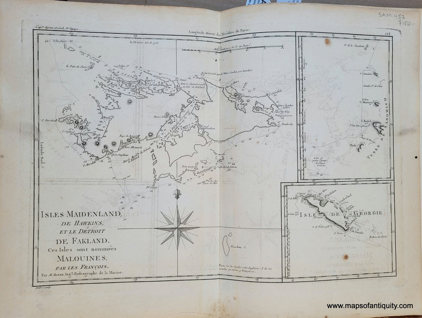 Genuine-Antique-Map-Falkland-Islands---Isles-Maidenland-de-Hawkins-et-le-Detroit-de-Fakland-Ces-Isles-sont-nommees-Malouines-par-les-Francois-1788-Bonne-Desmarest-Maps-Of-Antiquity