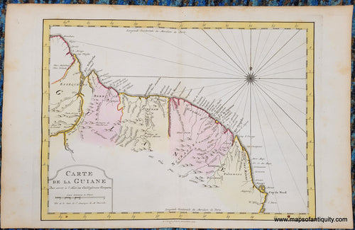 Antique map of the coast of South America with original hand-coloring in tones of yellow and pink.