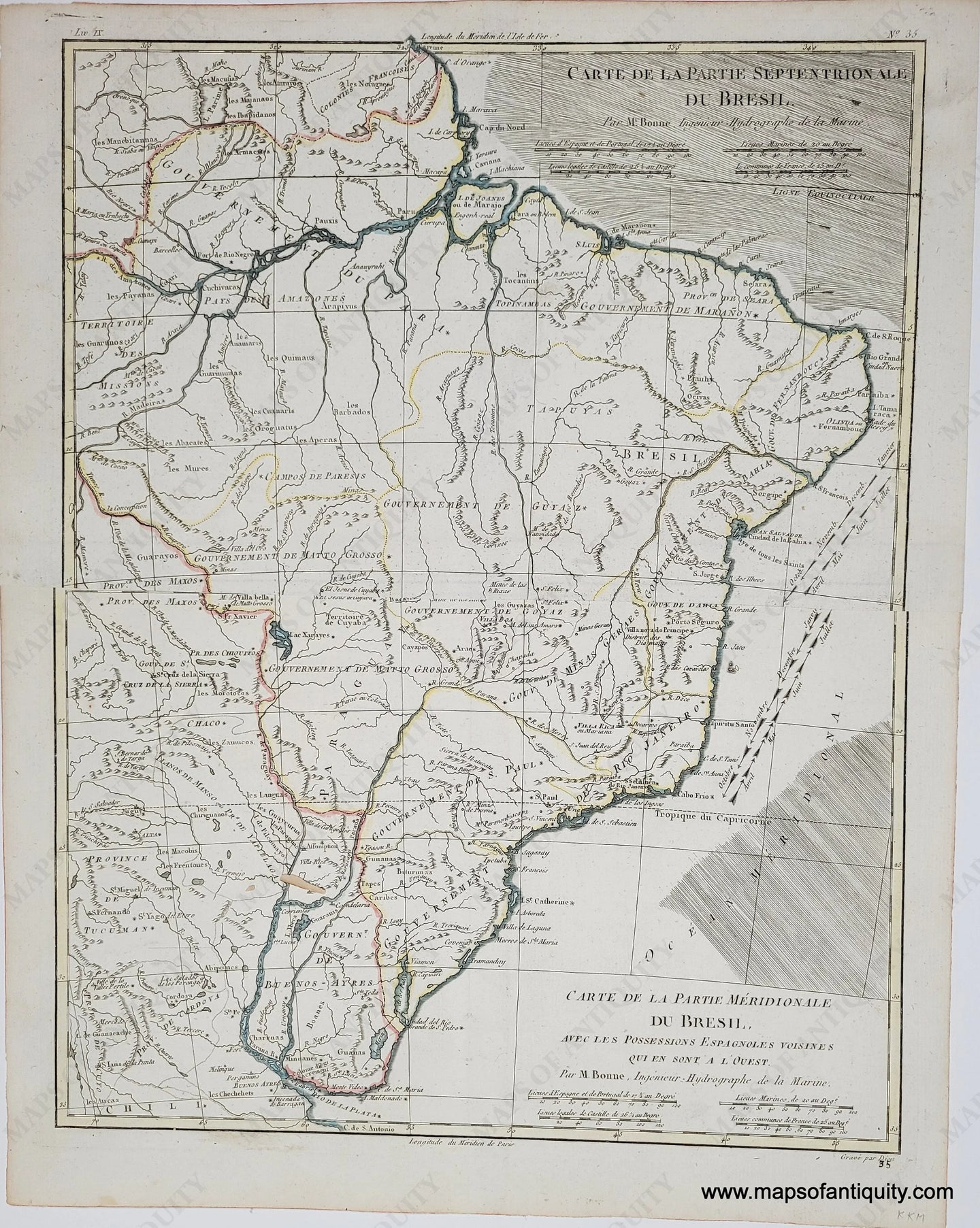 Antique map of Brazil from 1780. On lightly toned antique paper with line coloring. Original color. Color delineates rivers and boundaries. Blue yellow and orange. 