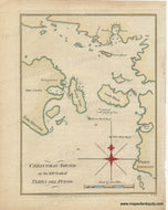 Antique old vintage map of the South American coast of Tierra del Fuego with 'Terra del Fuego' and 'Christmas Sound'. colors of green, yellow, red