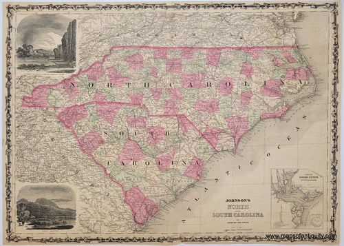North South Carolina -Antique-Map-United-States-Johnson-Browning-1862-1860s-1800s-19th-Century-Johnson's-North-Carolina-South-Carolina-Fort-Sumter-Charleston-Plan-Chimney-Rocks-French-Broad-River-Table-Mountain