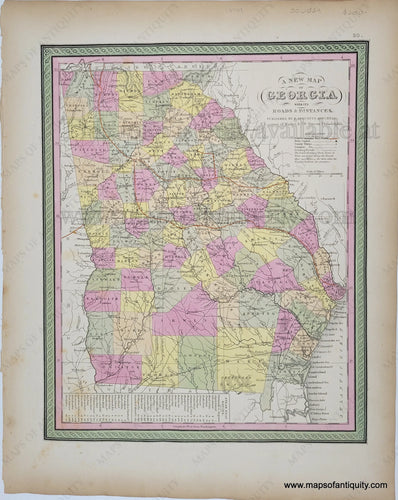 Antique Map with original hand-coloring in tones of green, yellow, peach, and pink. 
Genuine-Antique-Map-Georgia-1849 Mitchell-Maps-Of-Antiquity