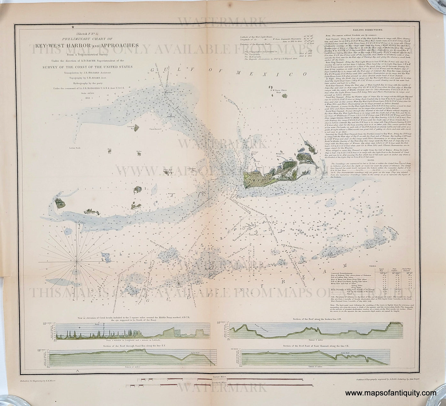 chart showing the sailing directions and water depths around Key West, Florida, with colors of blue water and green land