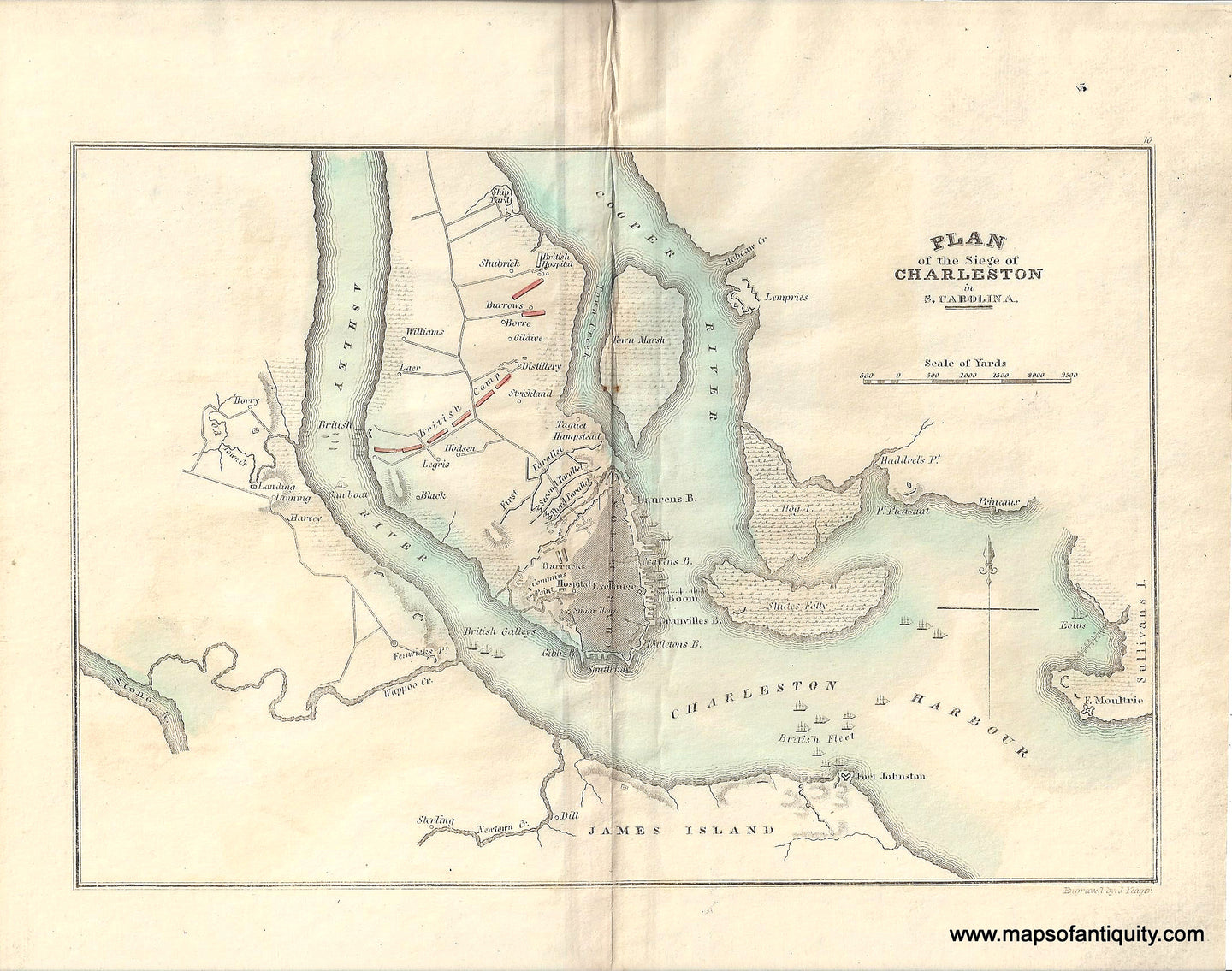 Antique-Map-Siege-Charleston-SC-South-Carolina-Marshall-revolutionary-war-life-George-Washington-1827-1820s-1800s-19th-century-Maps-of-Antiquity